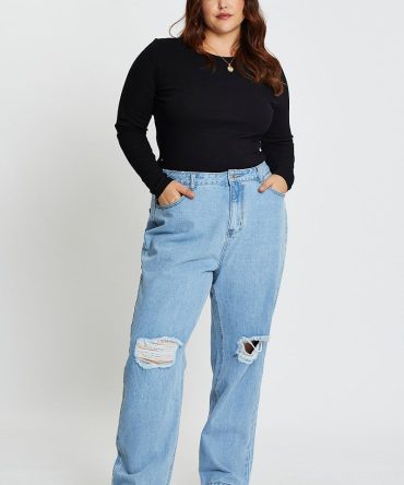 Blue Denim Jean High Rise Slash Knee Straight Leg